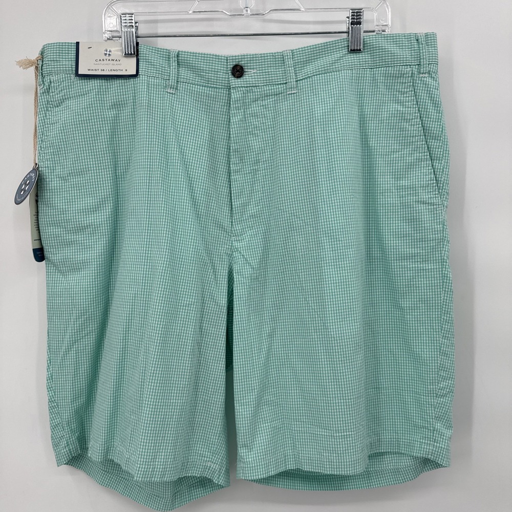 Castaway Shorts 38 Seersucker Green White Check 9" Cisco Cotton USA NWT